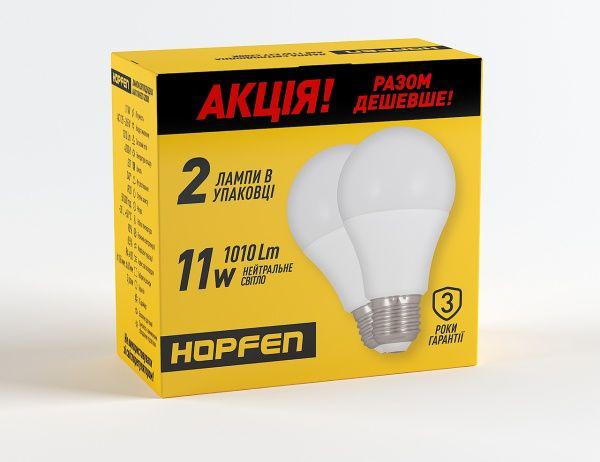 Лампа LED HOPFEN A60 11W E27 4200К 2 шт/уп